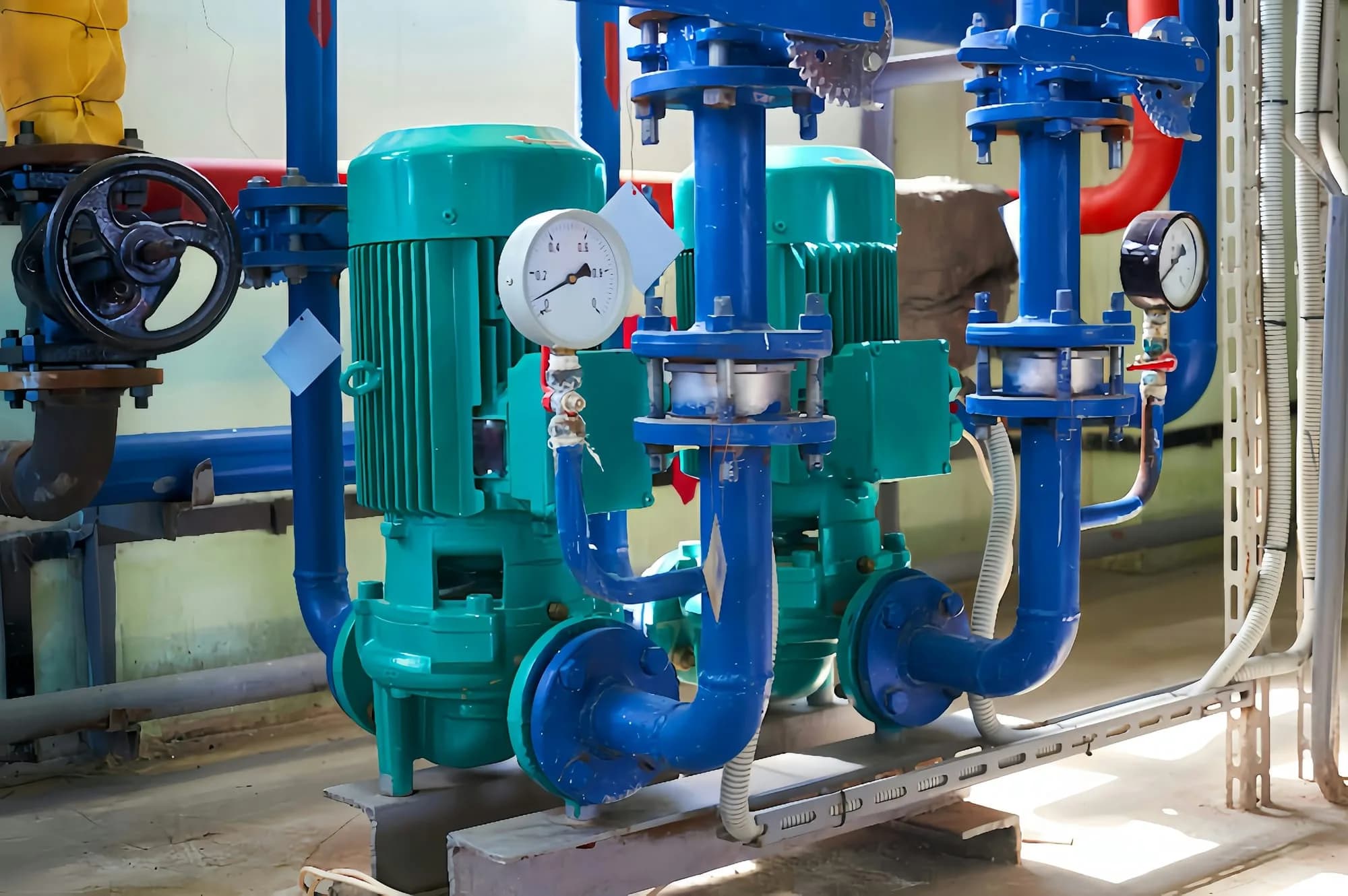 Sala de bombas con bombas centrífugas verdes, cañerías azules, válvulas y manómetros
